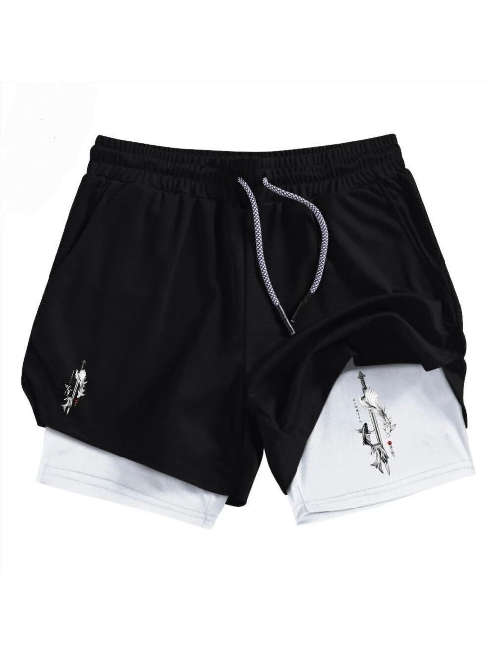 Yin & Yang Sword 2-in-1 Gym Shorts Mens Large Black Lined Compression